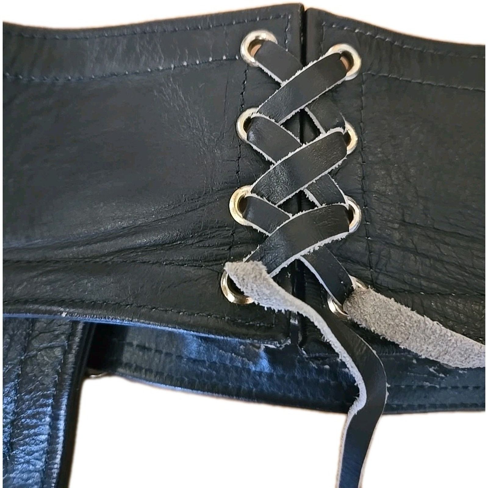 Vintage Black Leather Chaps Medium Waist size 32-38- Zipper Snaps Size US 33 - 5 Thumbnail