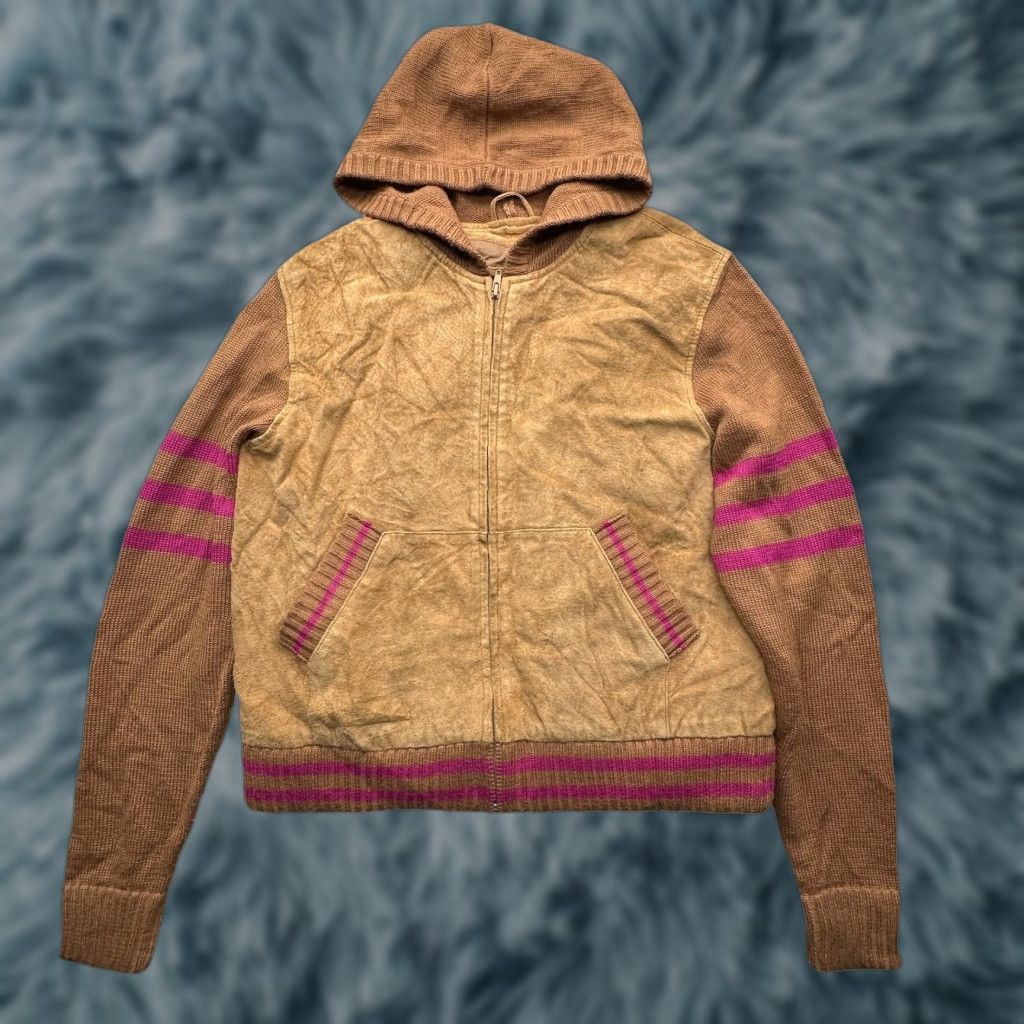 Vintage VINTAGE Maxima Wilsons Suede Leather Sweater Jacket Womens Large Brown Pink Hooded Full Zip Bomber Jacket Sizing L Size L / US 10 / IT 46 - 1 Thumbnail