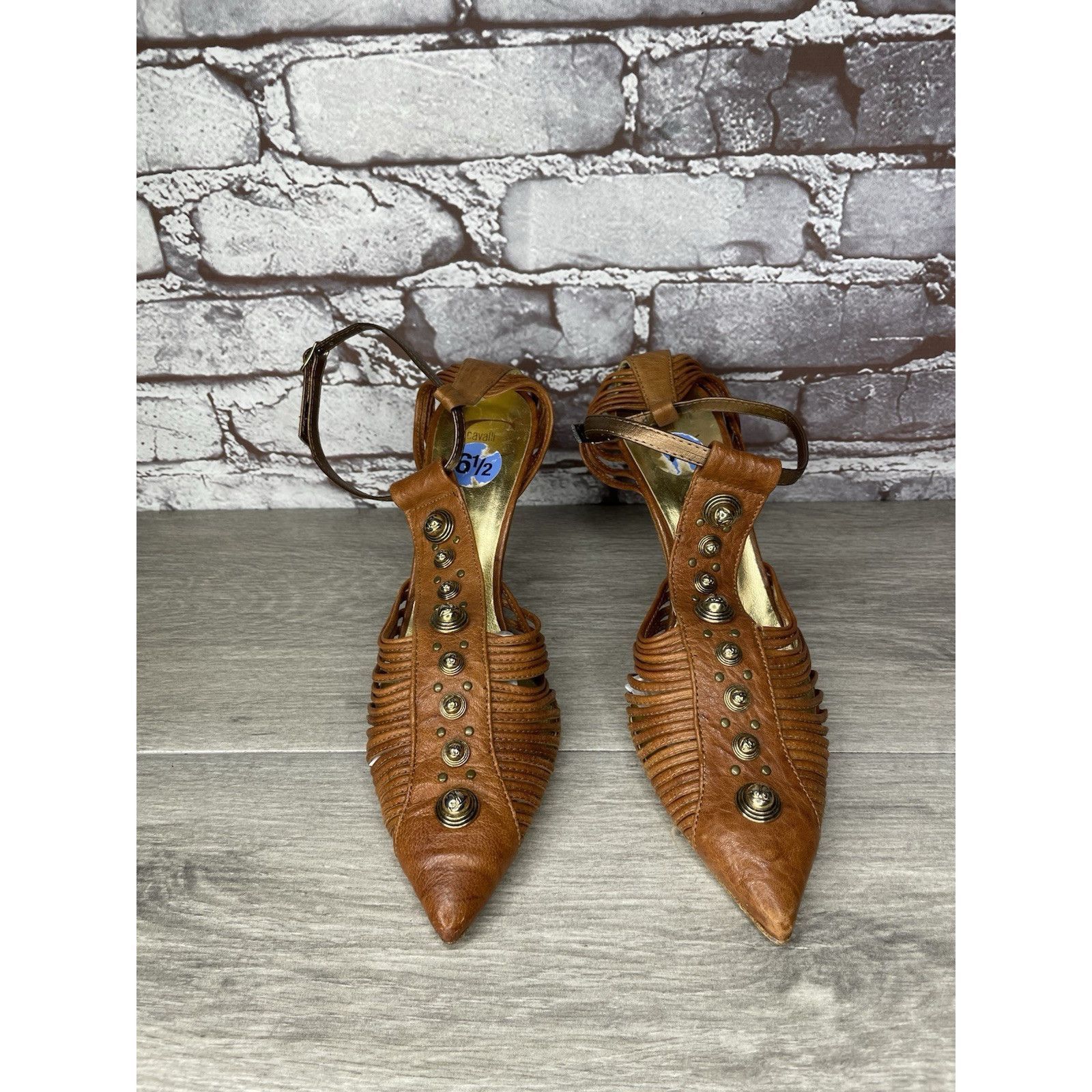Just Cavalli Just Cavalli Brown Leather Studded Pointed Ankle Strap Stile Size US 6.5 / IT 36.5 - 15 Thumbnail
