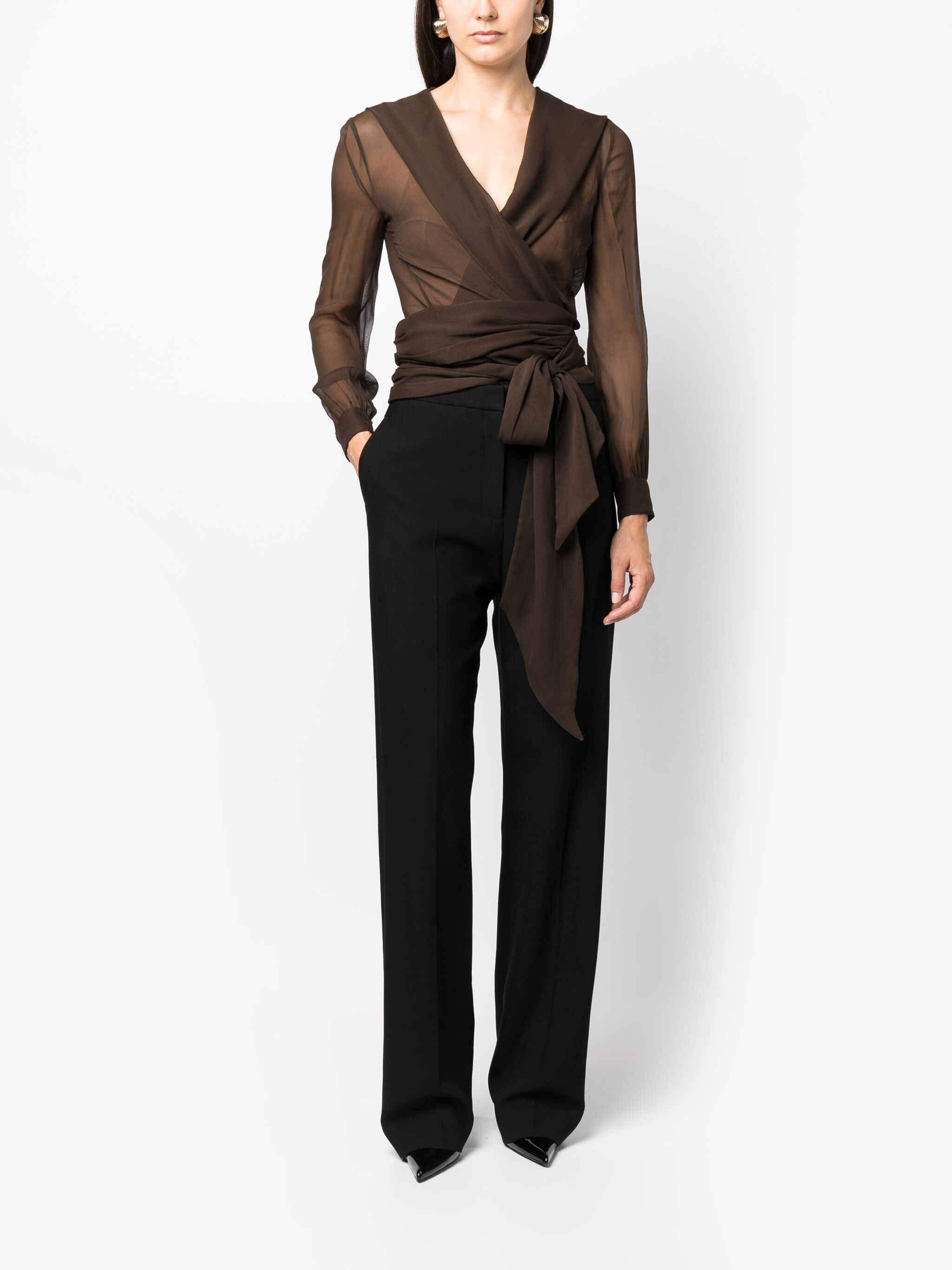 Saint Laurent Paris o1s1wg111124 Hooded Wrap Blouse Silk Muslin Crepe in Brown Size XS / US 0-2 / IT 36-38 - 3 Thumbnail