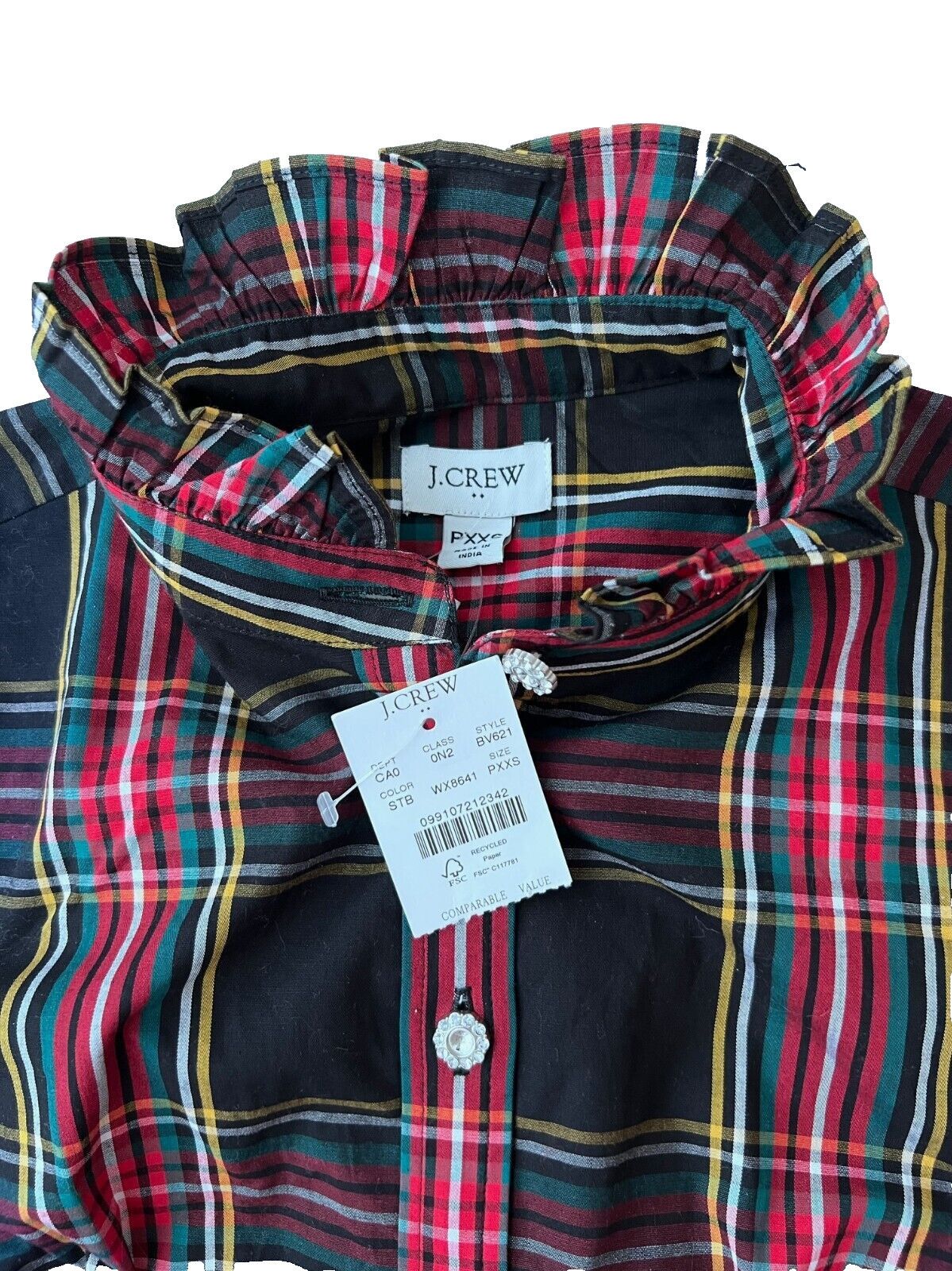 J.Crew J. Crew Petite Stewart Tartan Plaid Jeweled Shirt PXXS Size XXS / US 00 / IT 34 - 3 Thumbnail