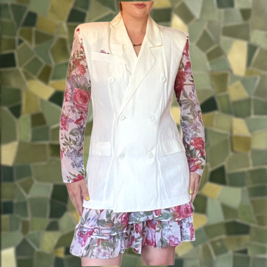 Vintage VINTAGE Floral Set: Cream Pink 70s Blazer Skirt Outfit Women's M Party/Cocktail Size 32" / US 10 / IT 46 - 1 Thumbnail