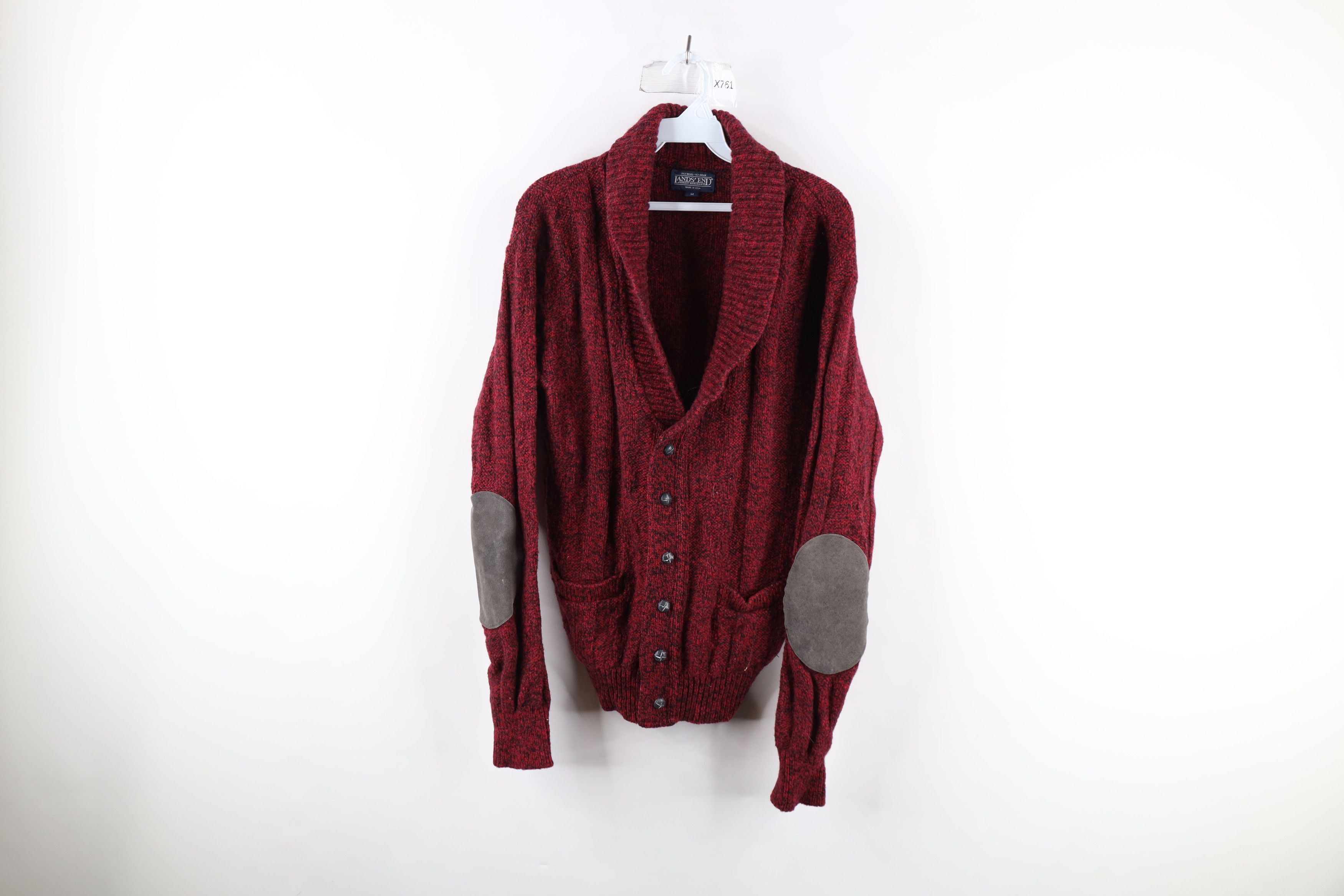 Vintage 90s Lands End Knit Elbow Patch Cardigan Sweater USA