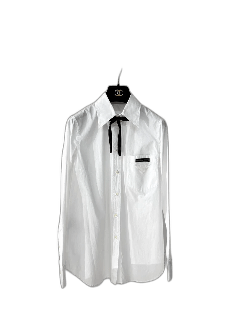 Prada Prada Logo White Shirt with Bow Tie-2506 Size S / US 4 / IT 40 - 1 Thumbnail
