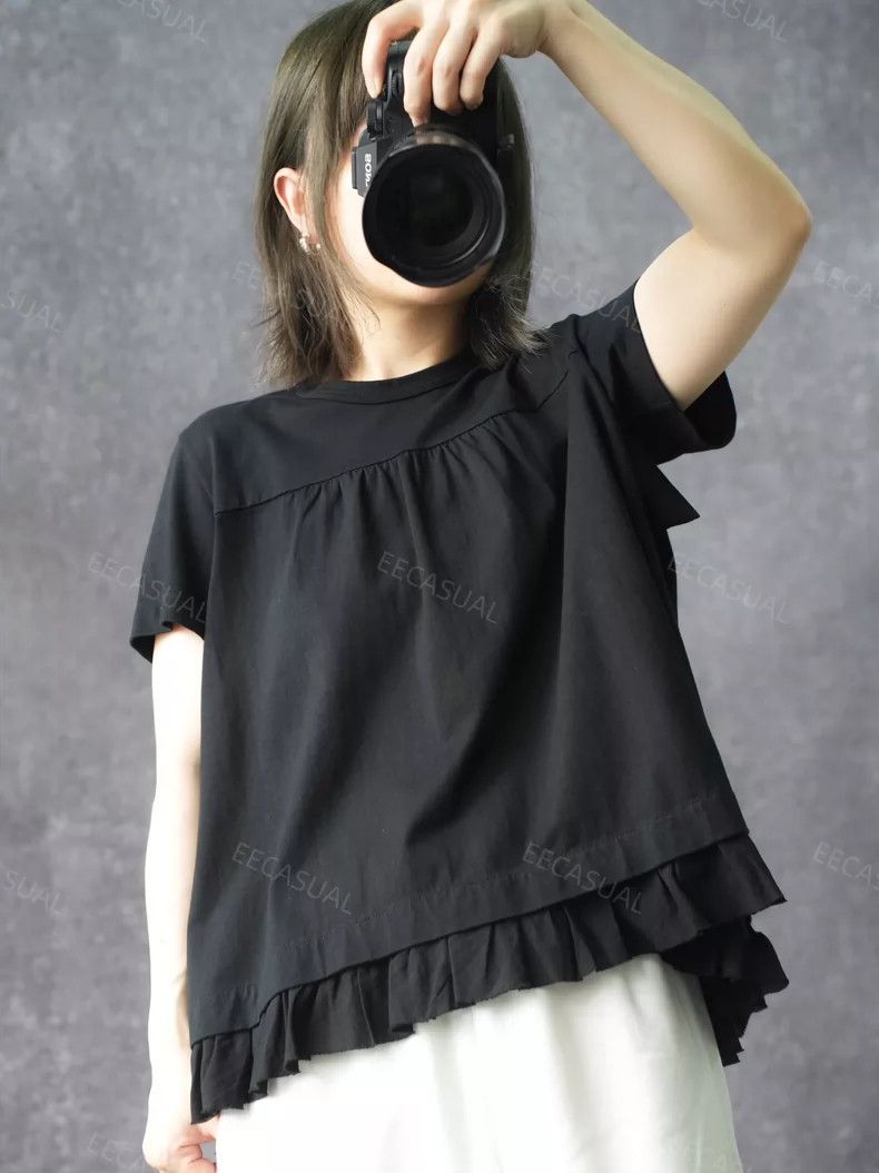 Comme des Garcons CDG Tricot Black Ruffled Hem Short Sleeve Top - dmc Size US M / EU 48-50 / 2 - 1 Thumbnail