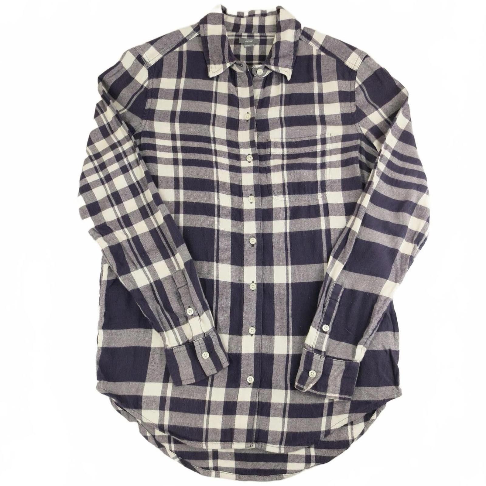 Other Aerie Navy/Purple and White Plaid Button-Up Flannel Shirt XS Size XS / US 0-2 / IT 36-38 - 2 Thumbnail