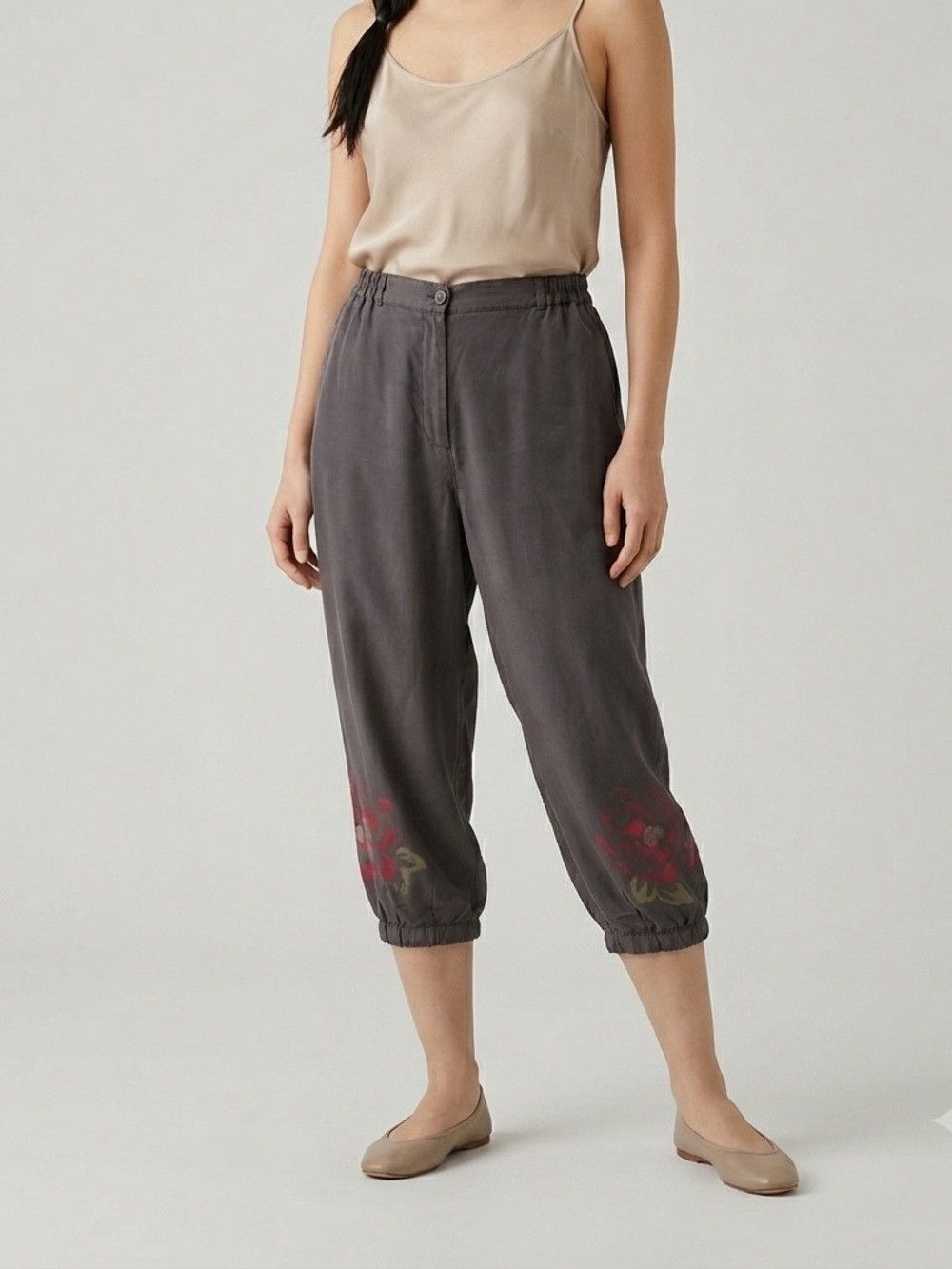 Vintage Gray Silk Balloon Capri Pants w/ Flowers - Small 🎈 Size 28" / US 6 / IT 42 - 1 Thumbnail