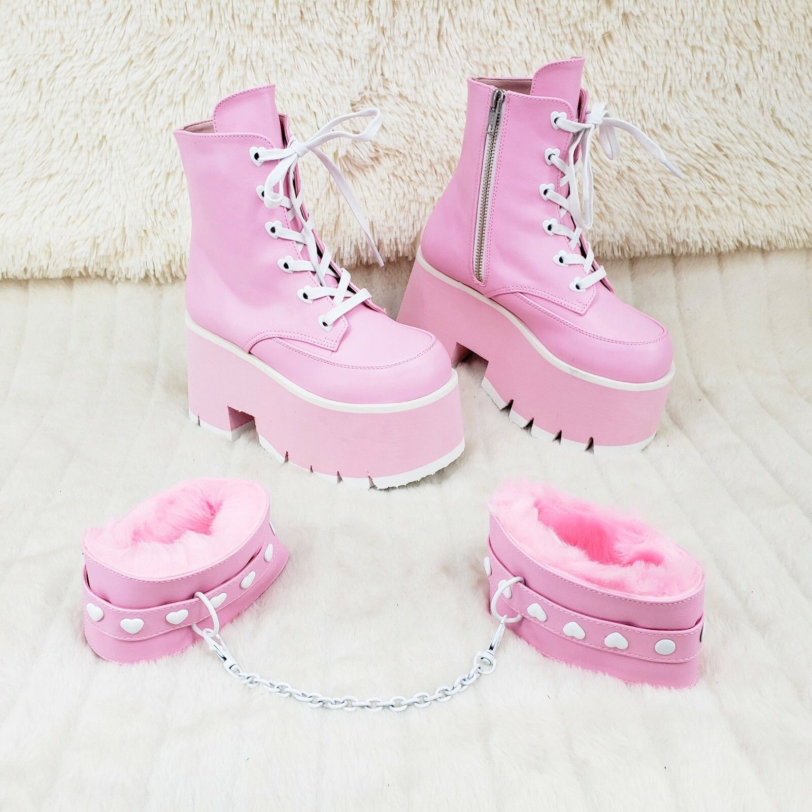 Other Ashes 57 Pink Heart Studs 3.5" Platform Goth Boots Fur Lined Size US 7 / IT 37 - 1 Thumbnail