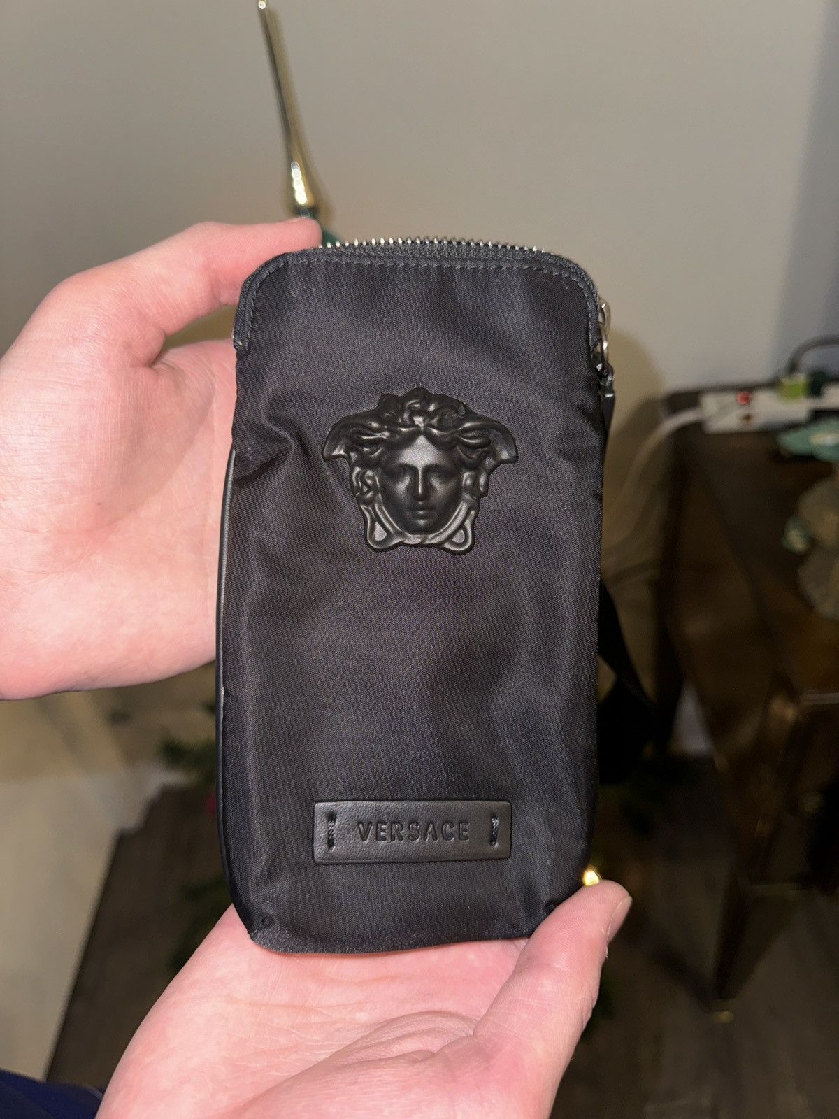 image of Versace Nylon Phone Crossbody in Black, Men's