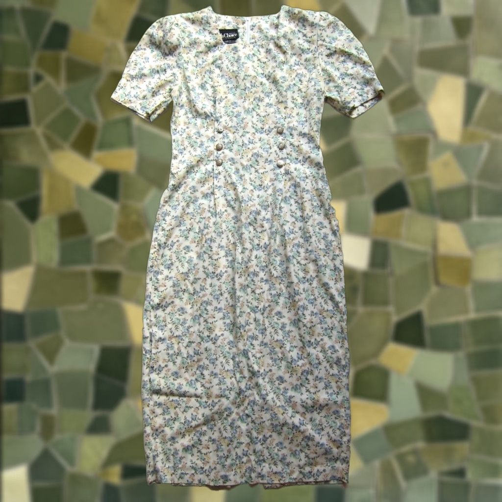 Vintage Vintage Ms Choice California Rayon Green Blue Floral Long Maxi Secretary Dress 10 Size L / US 10 / IT 46 - 1 Thumbnail