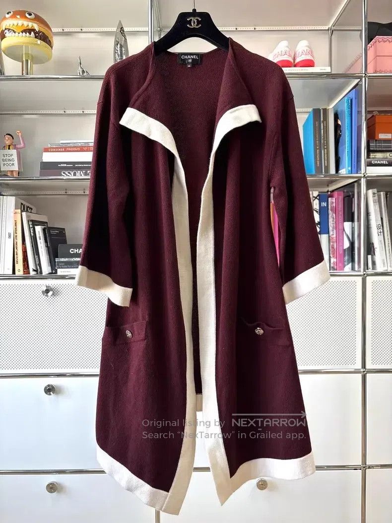 Chanel Chanel Burgundy white-rimmed long knitted cardigan coat Size XS / US 0-2 / IT 36-38 - 1 Thumbnail
