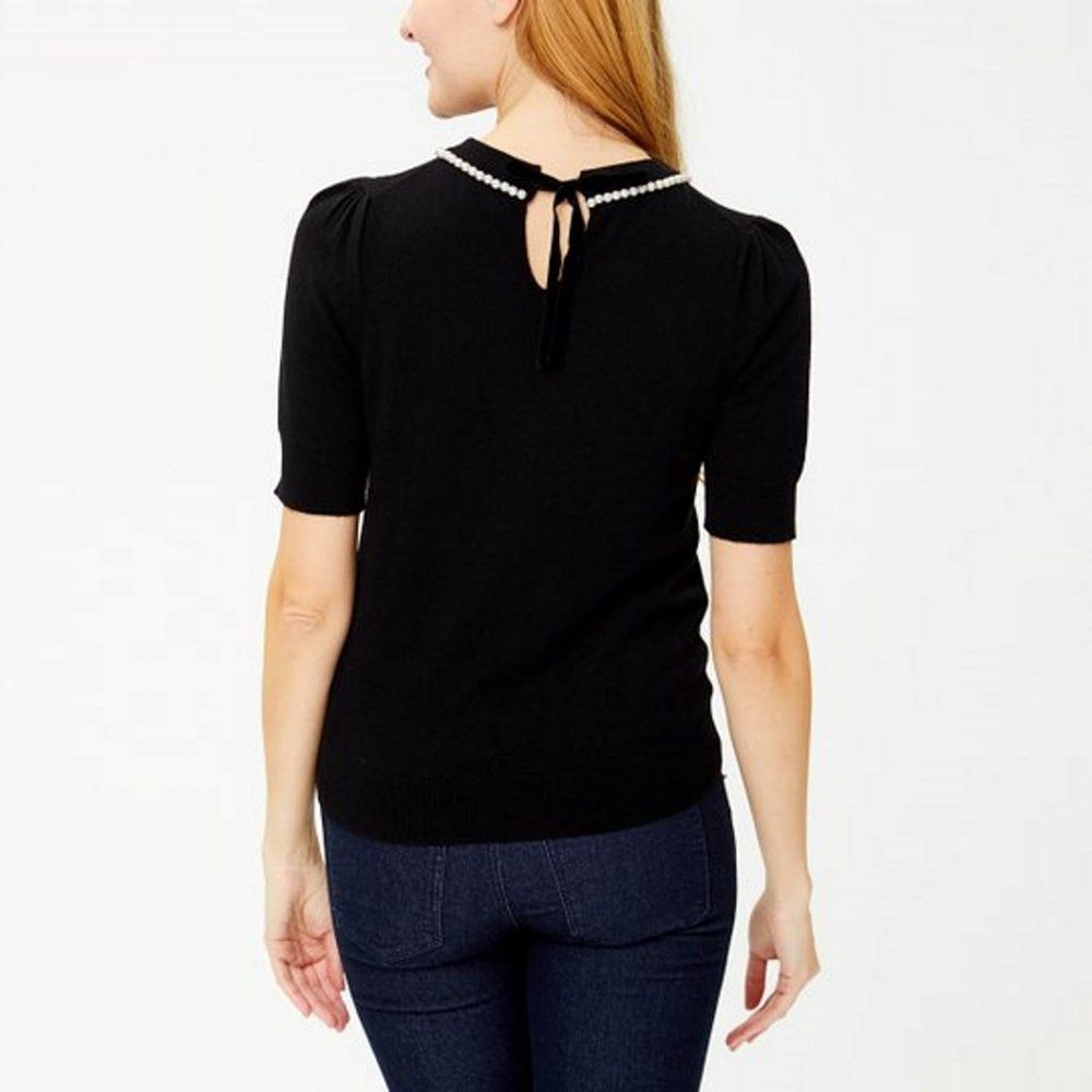 Kate Spade New Kate Spade Black Pearl-Embellished Short-Sleeve Sweater Size XXS / US 00 / IT 34 - 2 Thumbnail