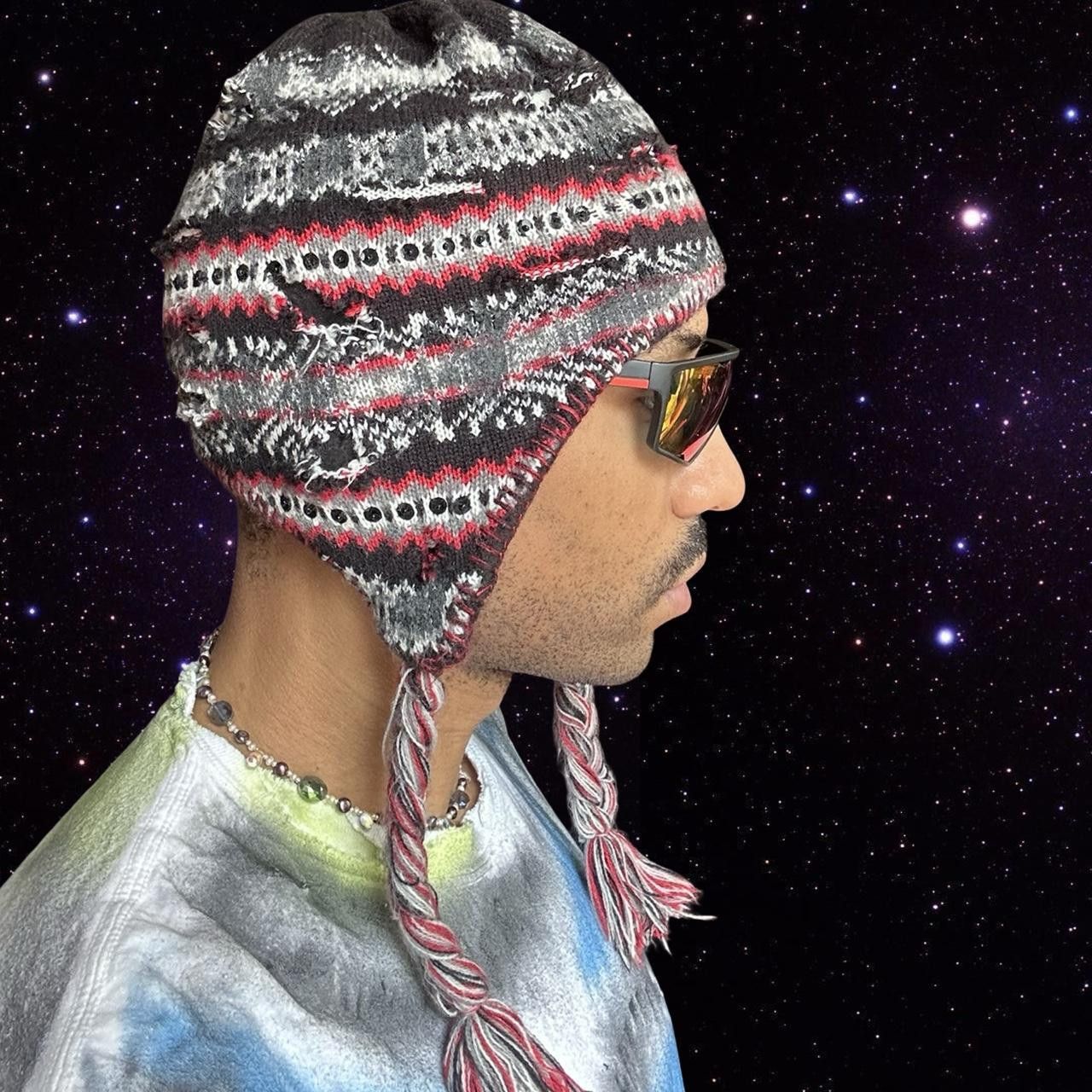 Vintage ASTROBOI* Black Sequin Fair Isle Braided Grunge Trapper Hat Size ONE SIZE - 5 Thumbnail