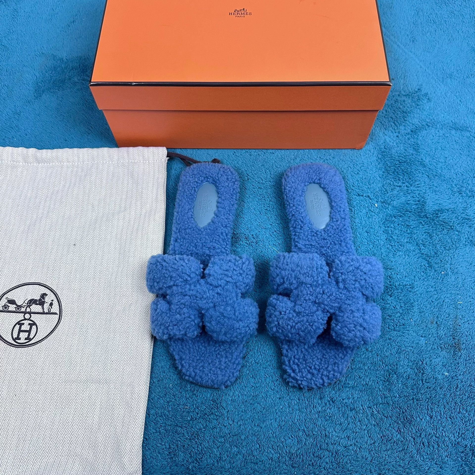 Hermes Hermès Oran Fluffy Slide Blue 38 New Size US 7 / IT 37 - 1 Thumbnail
