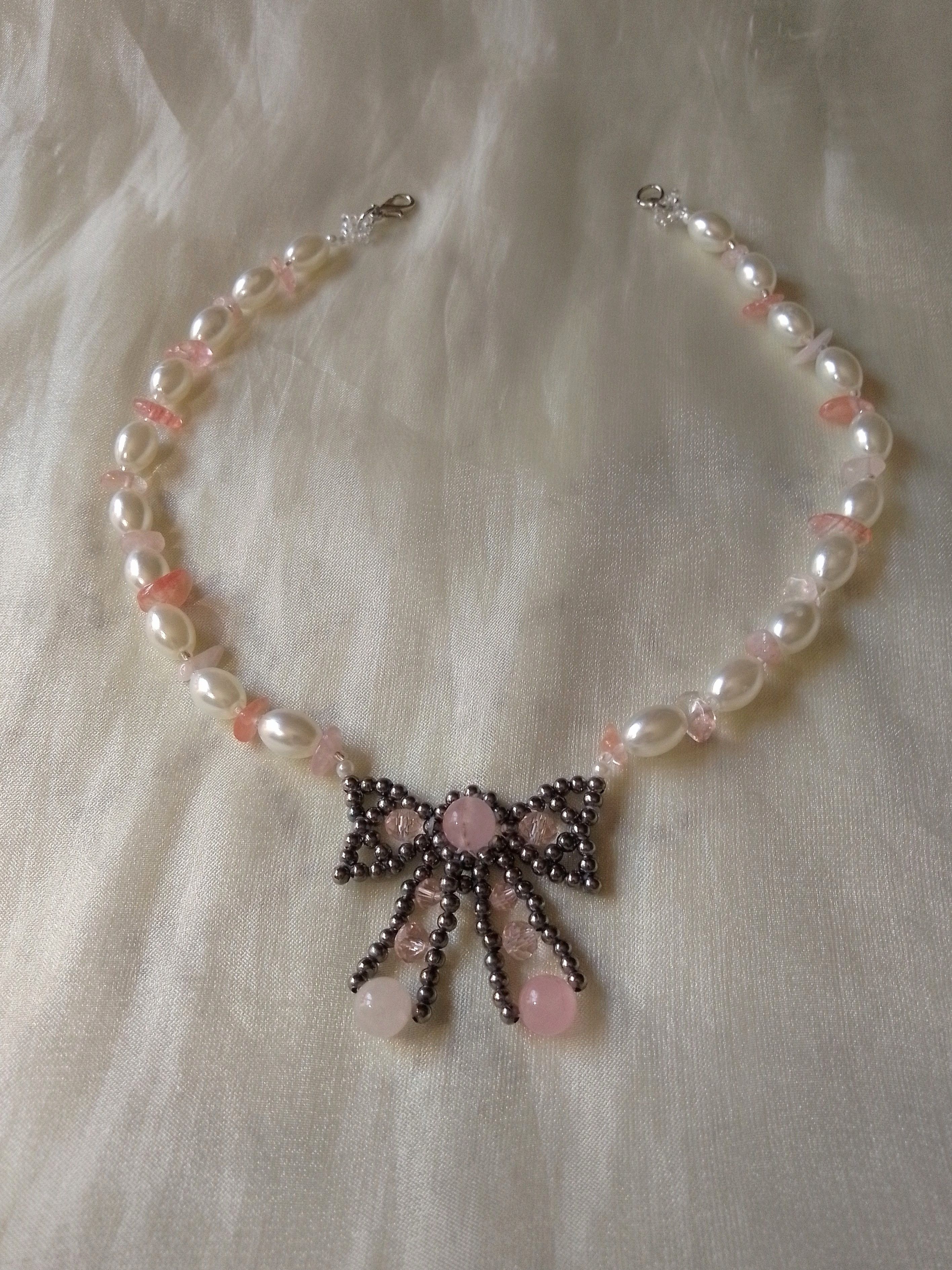 Handmade Bow necklace with natural rose with gemstones& pearls Size ONE SIZE - 1 Thumbnail
