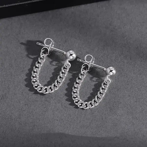 Other × Sterling Silver 925 Silver Plated Tassel Chain Dangle Drop Earrings for Men Size ONE SIZE - 2 Thumbnail