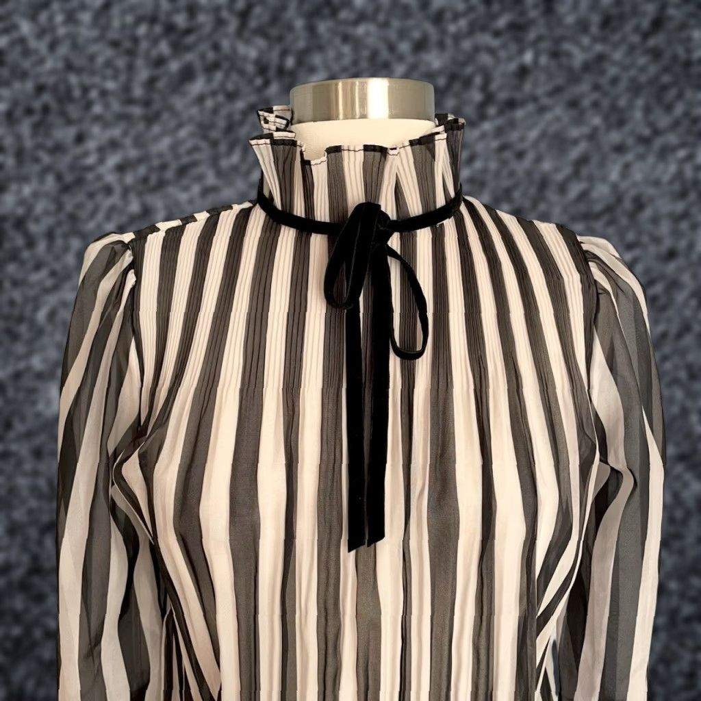 Vintage Momoshero Striped Blouse Shirt Women XS Semi-Sheer Black White High Neck Long Sleeve Velvet Ribbon Tie Size XS / US 0-2 / IT 36-38 - 1 Thumbnail
