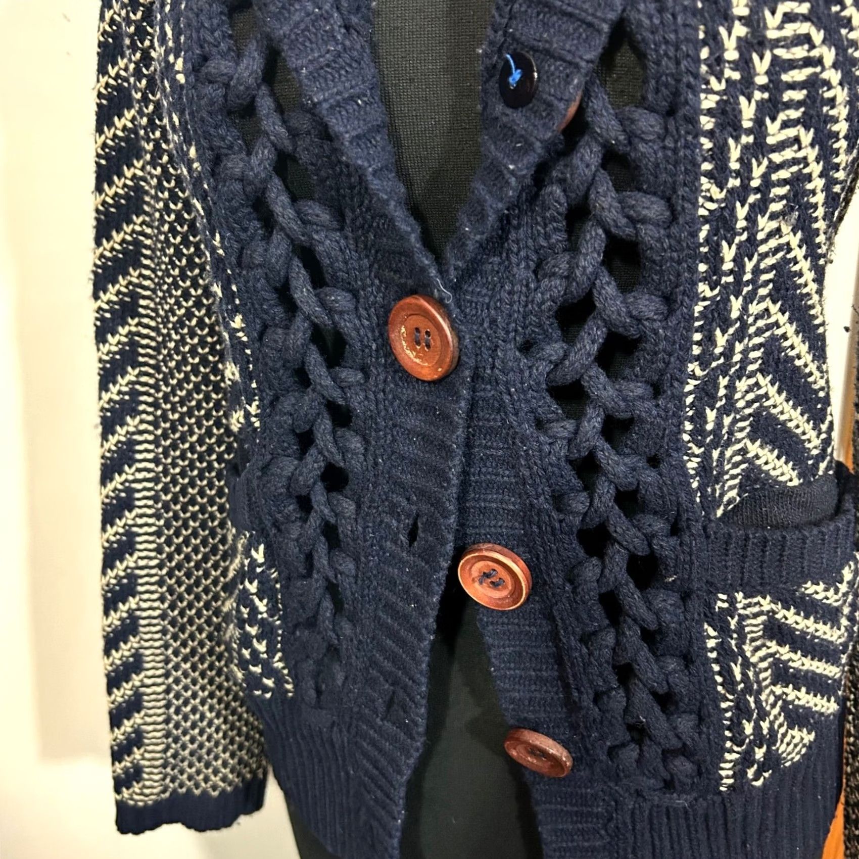 Anthropologie HWR Cardigan Sweater Hooded Button Front Geometric Knit Blue Cream Womens S Size S / US 4 / IT 40 - 4 Thumbnail