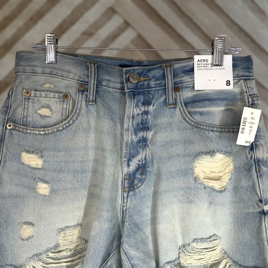Vintage AERO 889 Women High Rise Cut-Off Denim Shorts Size 8 Distressed Frayed Blue Front Flat Button Fly 5-Pocket Casual Summer Size 30" / US 8 / IT 44 - 1 Thumbnail