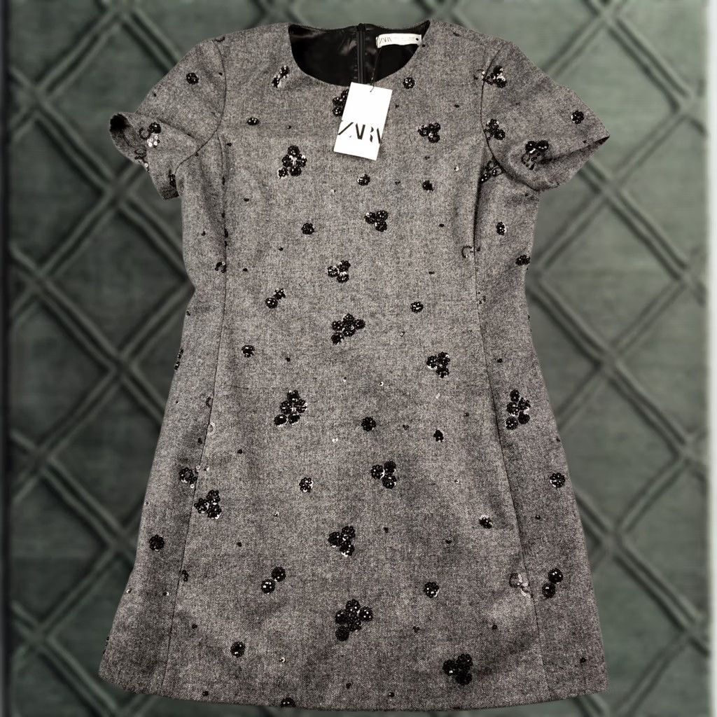 zara grey wool dress Zara Zara Mini Dress Grey Black Sequin Wool Blend L NWT Womens Short Sleeve  Casual Party/Cocktail Dress Length Short