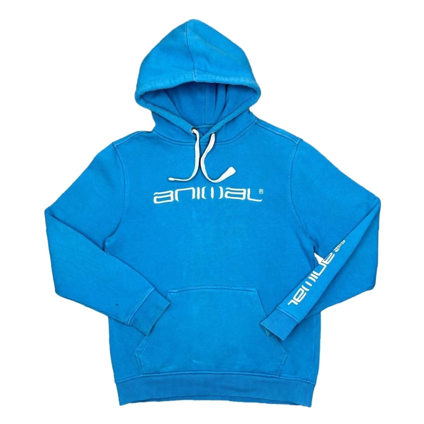 Vintage ANIMAL Classic Embroidered Big Logo Spellout Surfer Skater Pullover Hoodie Small Mens Hoodie Blue 90s Style Embroidered Logo Front Sleeve Size US S / EU 44-46 / 1 - 2 Thumbnail