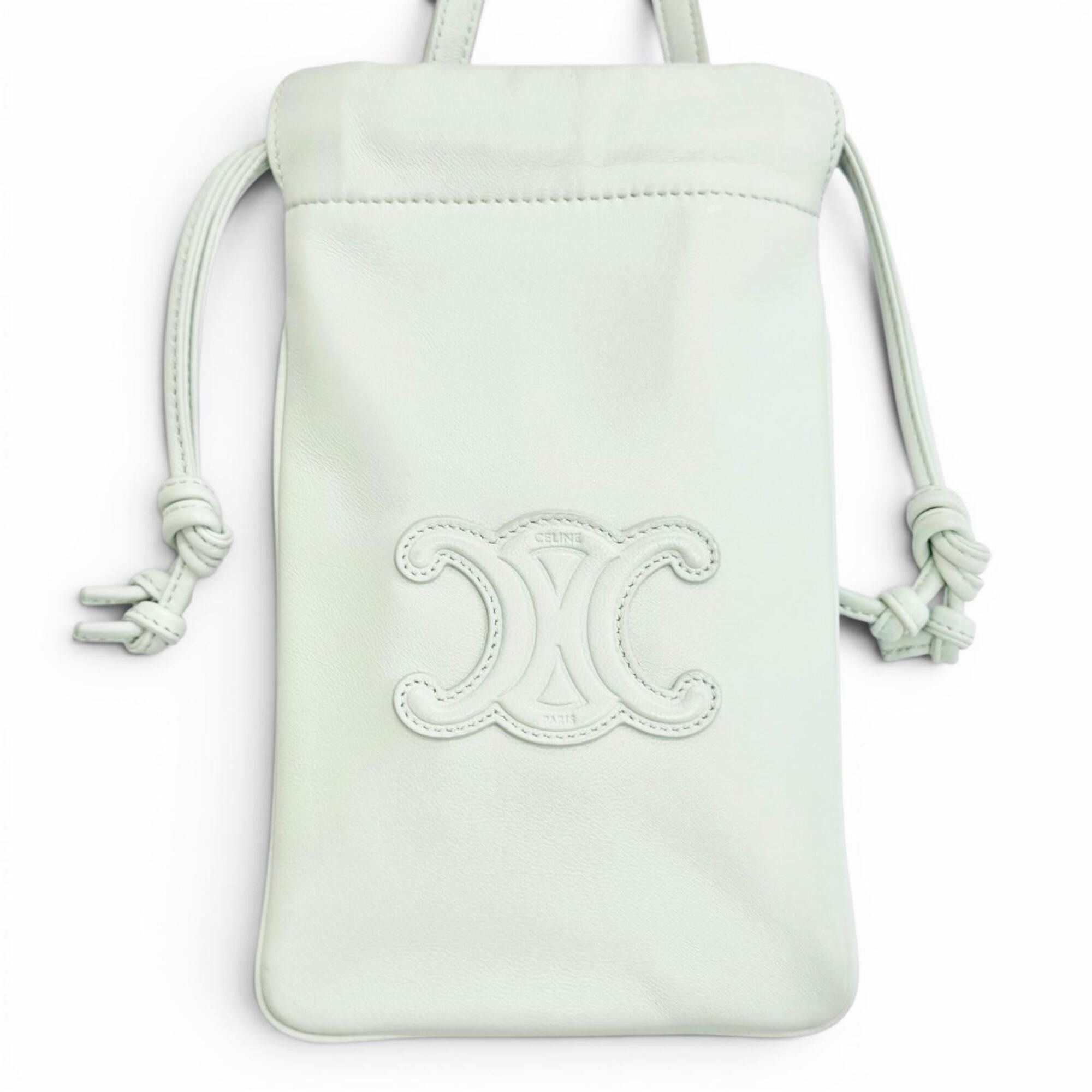 Celine CELINE 10L163ETK Leather Cuir Triomphe Drawstring Mobile Pouch Phone Case Shoulder Bag, Light Green, Made in Italy, Women's, with Dust Bag Size ONE SIZE - 1 Thumbnail