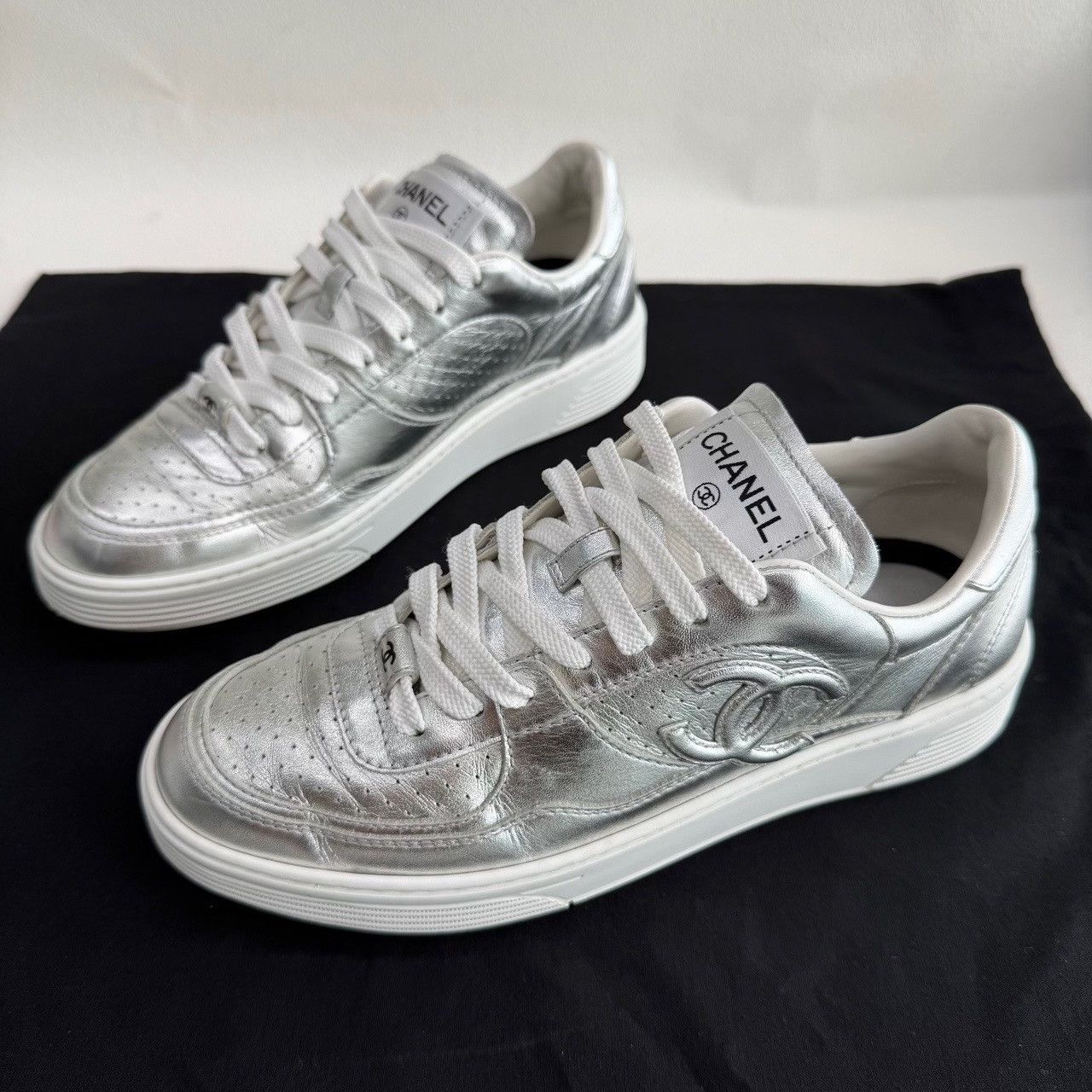 Chanel Chanel Leather Silver Lowtop Sneakers us_7-5 Women Size US 7.5 / IT 37.5 - 1 Thumbnail