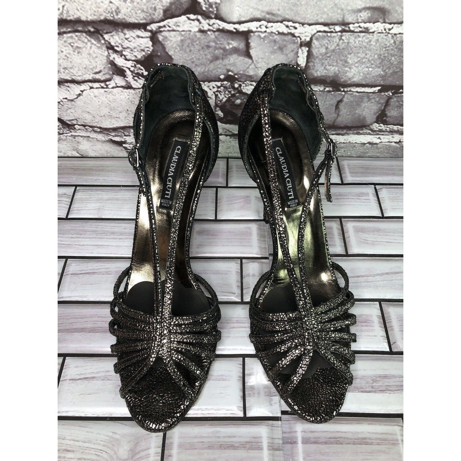 Other Claudia Ciuti Pewter Leather Cracked Ankle Strap Dress Heels Size US 7 / IT 37 - 20 Thumbnail