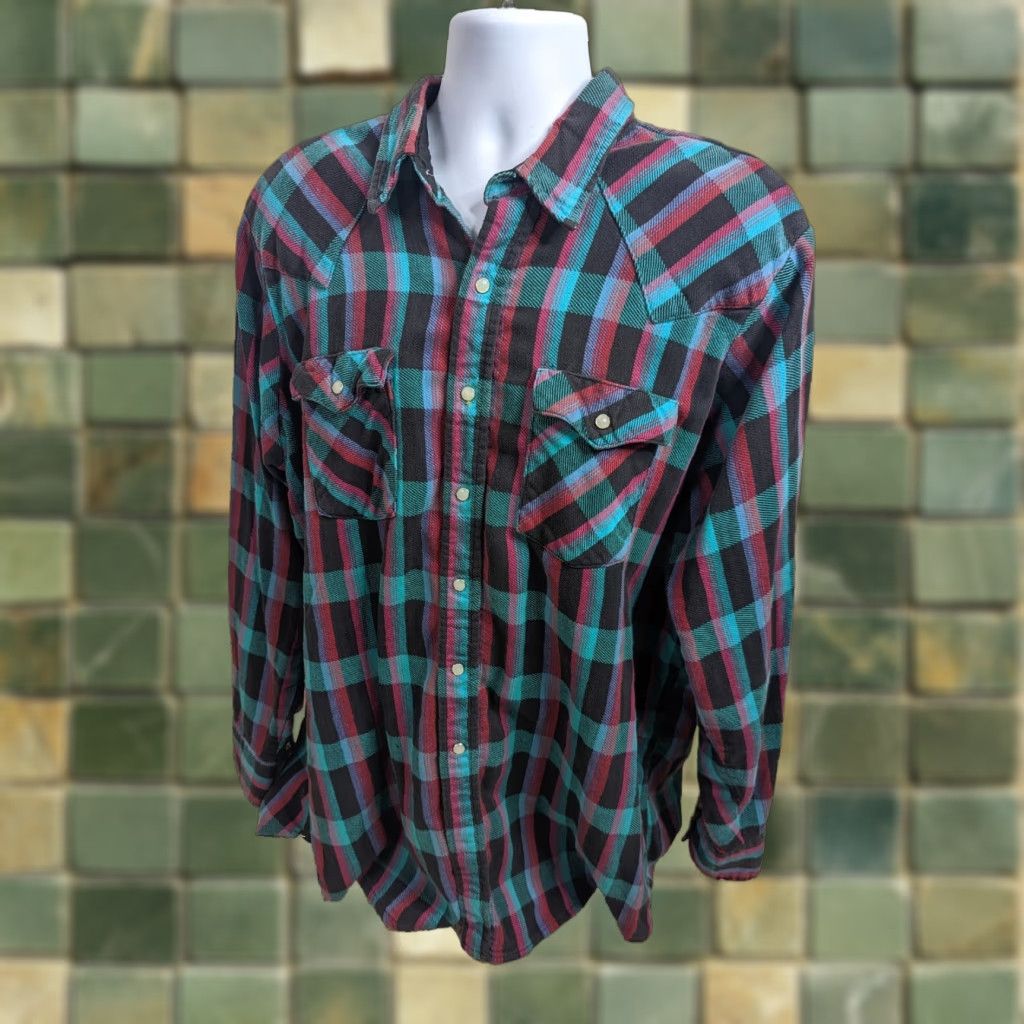 Vintage VINTAGE Saddle King Western Pearl Snap Teal Plaid Shirt Men’s 2XL L2S Regular Long Sleeve Button-Up Knit Plaid Shirt Mens 2XL Size US XXL / EU 58 / 5 - 1 Thumbnail