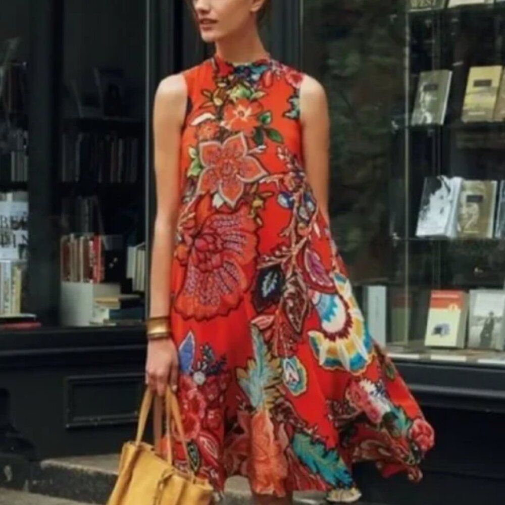 Anthropologie Maeve Size M Orange Chiffon Floral A-Line Dress Vintage Styl Size M / US 6-8 / IT 42-44 - 2 Thumbnail