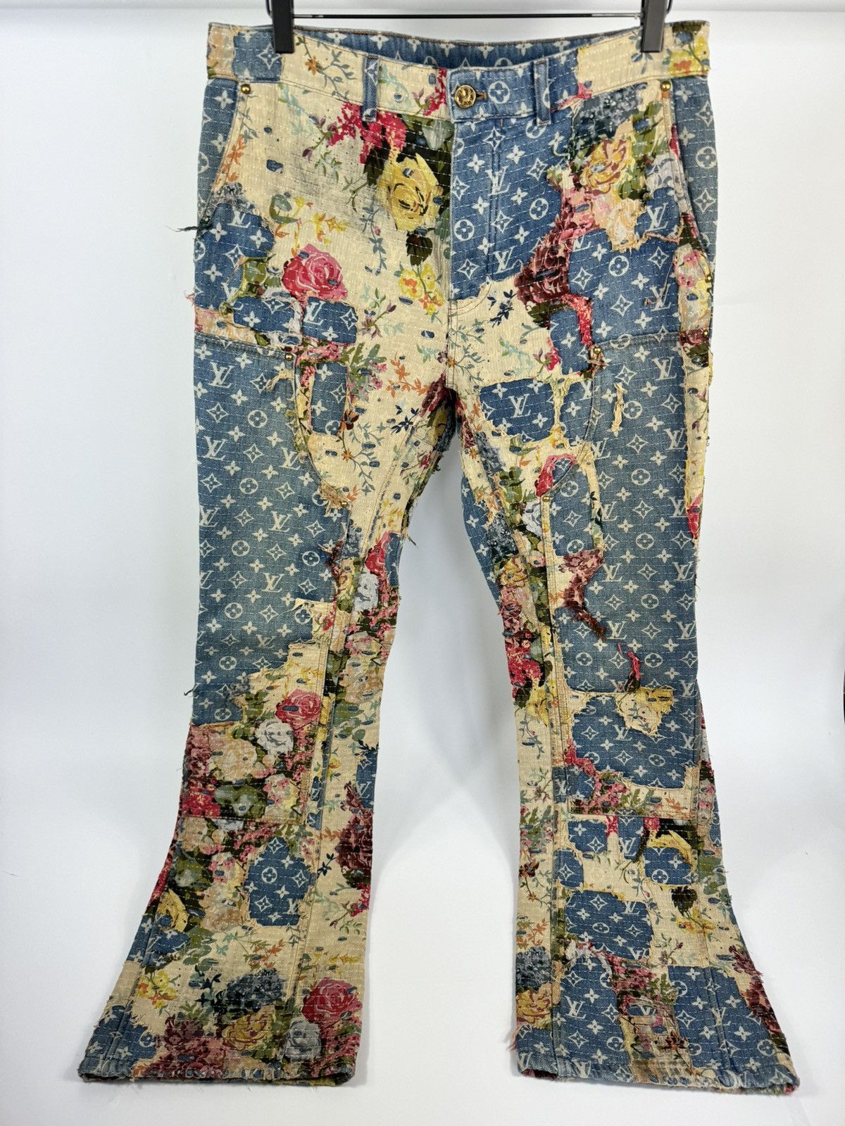 image of Louis Vuitton x Virgil Abloh Flower Monogram Print Carpenter Trousers in Blue, Men's (Size 34)