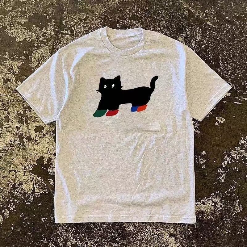 Japanese Brand Gray washed retro cute cat print t-shirt Size US M / EU 48-50 / 2 - 1 Thumbnail