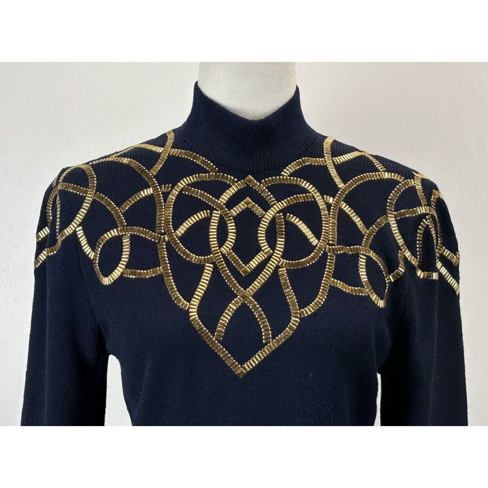 St. John Vintage St. John Collection Marie Gray Knit Dress Women Small Knee Length Long Sleeve Zip Mock Neck Studded Navy Gold 1980s Rare Size S / US 4 / IT 40 - 5 Thumbnail