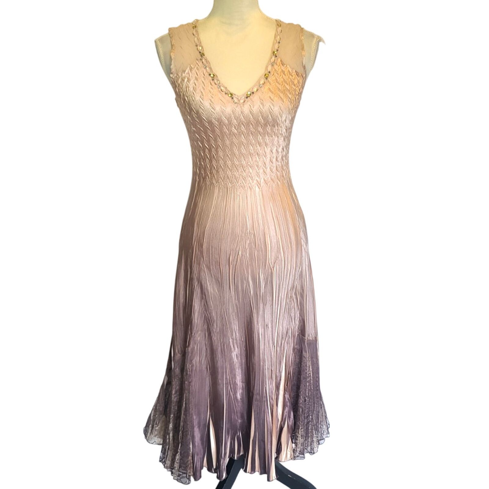 Other New W/Tag Komarov Womens Tan Silk Beaded Midi Dress Small Size S / US 4 / IT 40 - 1 Thumbnail