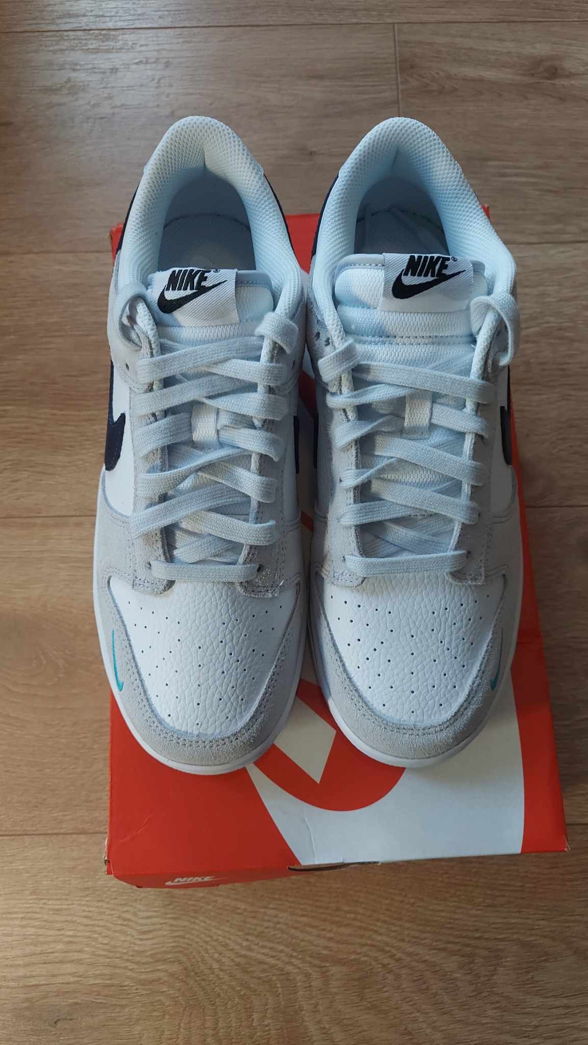 image of Nike Dunk Low White Grey Navy Aqua Mini Swoosh Shoes in White/Grey/Navy, Men's (Size 8)