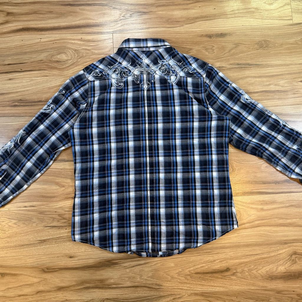 Lucky Brand Pop Icon Embroidered Plaid Western Shirt Blue XL Size 38L - 2 Thumbnail