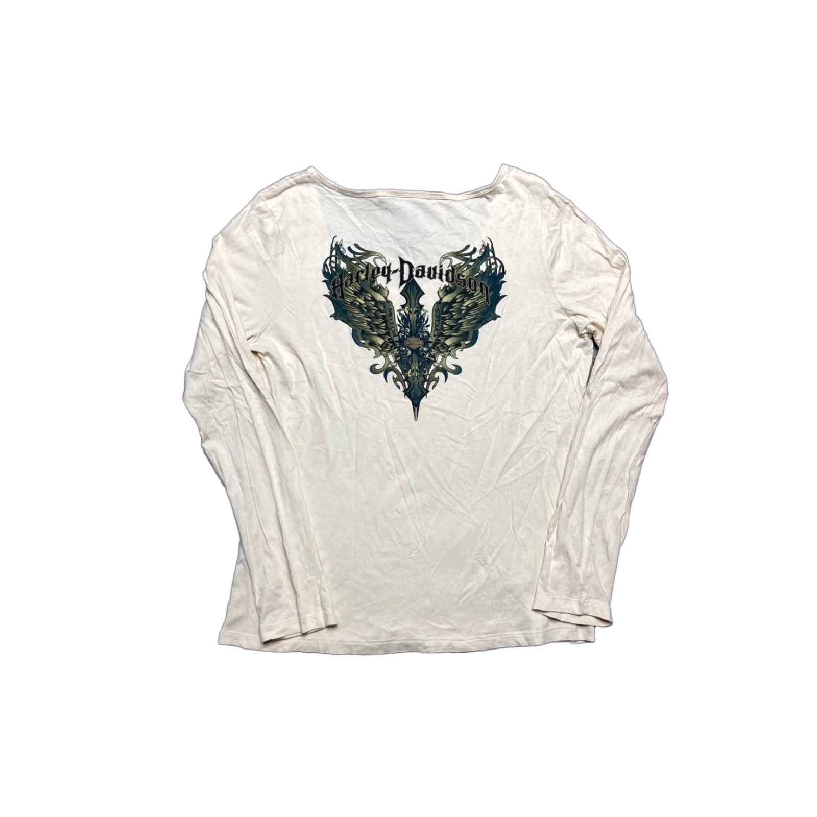 Harley Davidson VINTAGE Harley-Davidson Shirt Women Long Sleeve L Beige USA Wings Tattoo Size L / US 10 / IT 46 - 1 Thumbnail