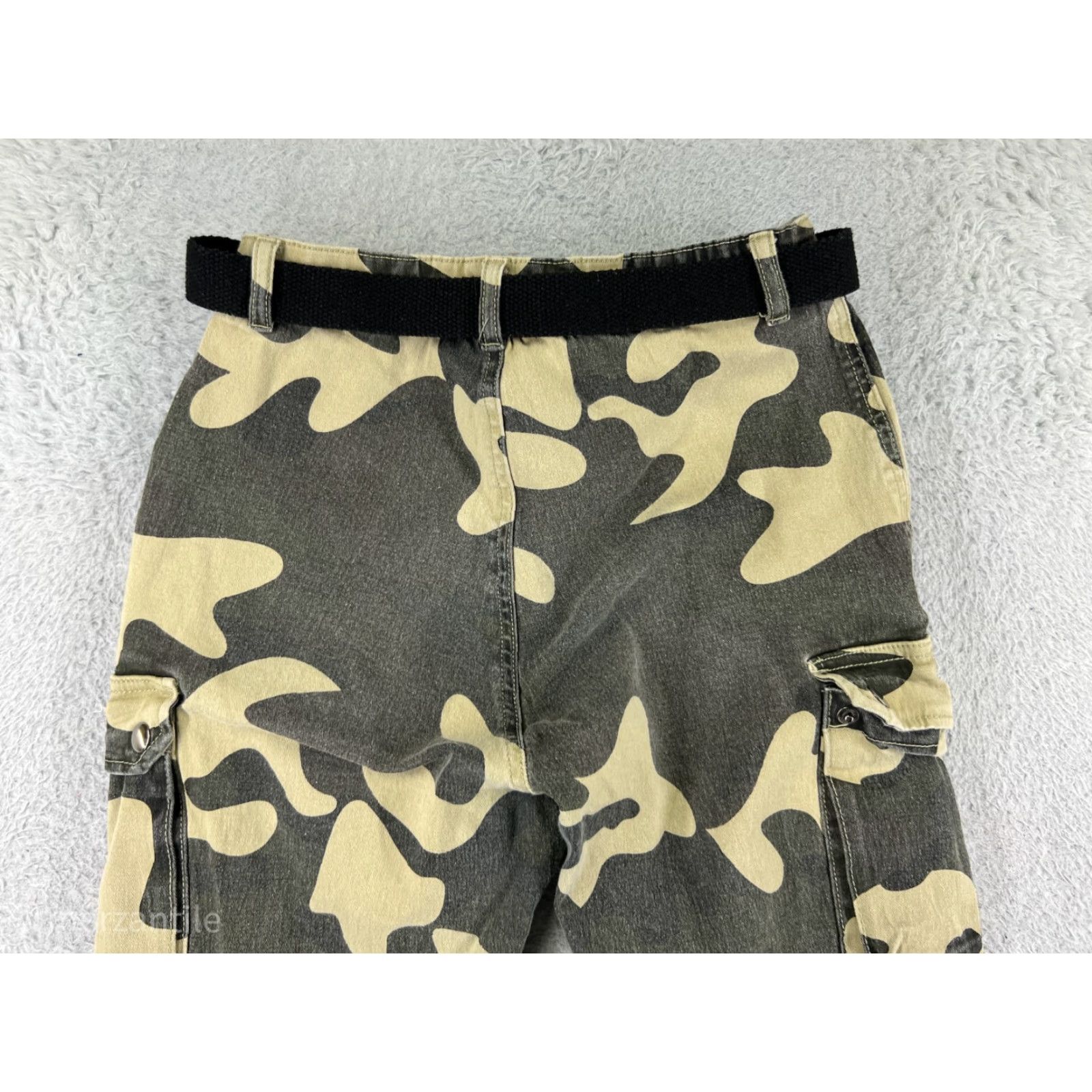Vintage Revamped Womens Jeans Camouflage Cotton Blend Ramie Belted Tapered Regular Inseam 26 Olive Green XS Boys? Size 26" / US 2 / IT 38 - 3 Thumbnail