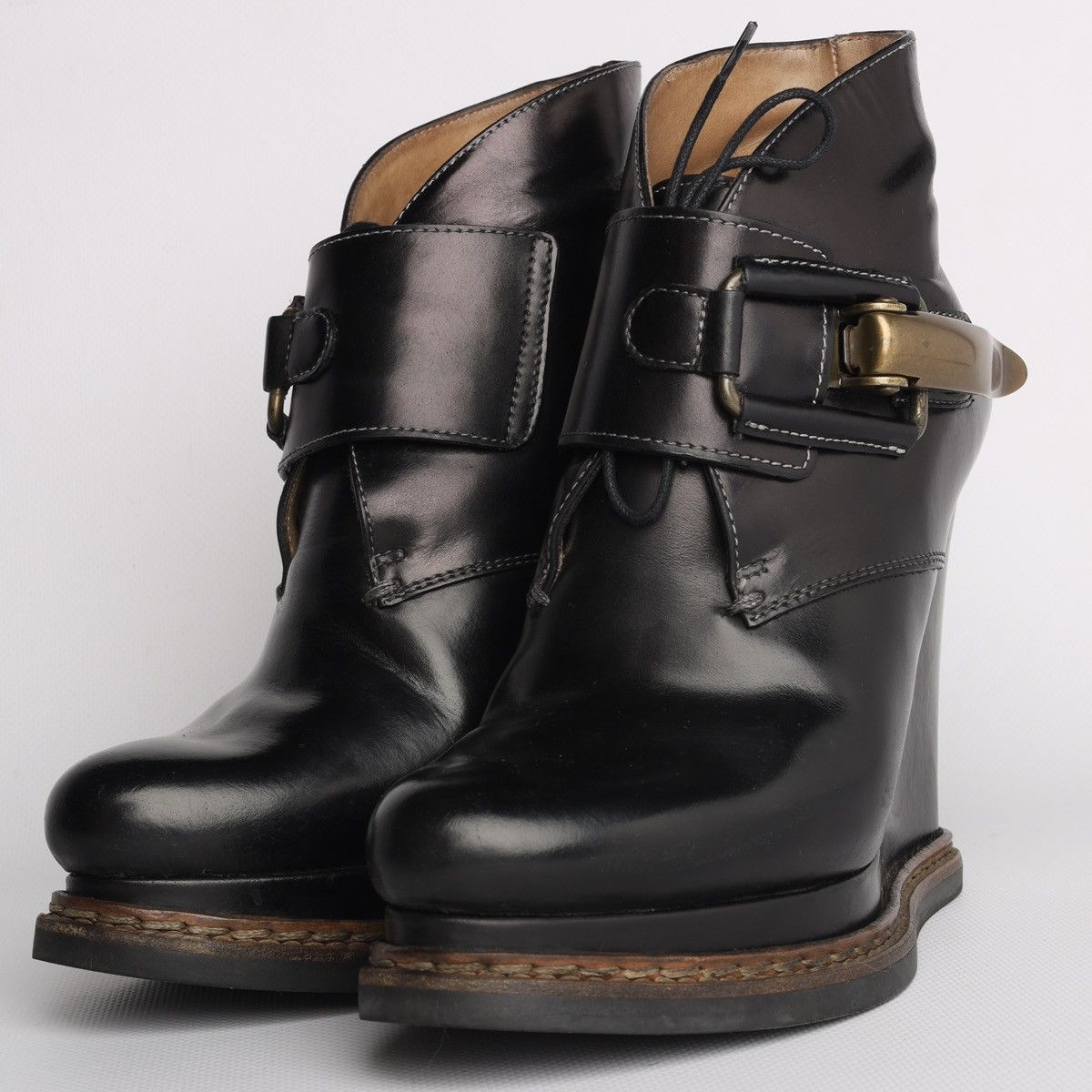 Jil Sander Leather Black Hi Heel Boots Platform Wedge Buckle