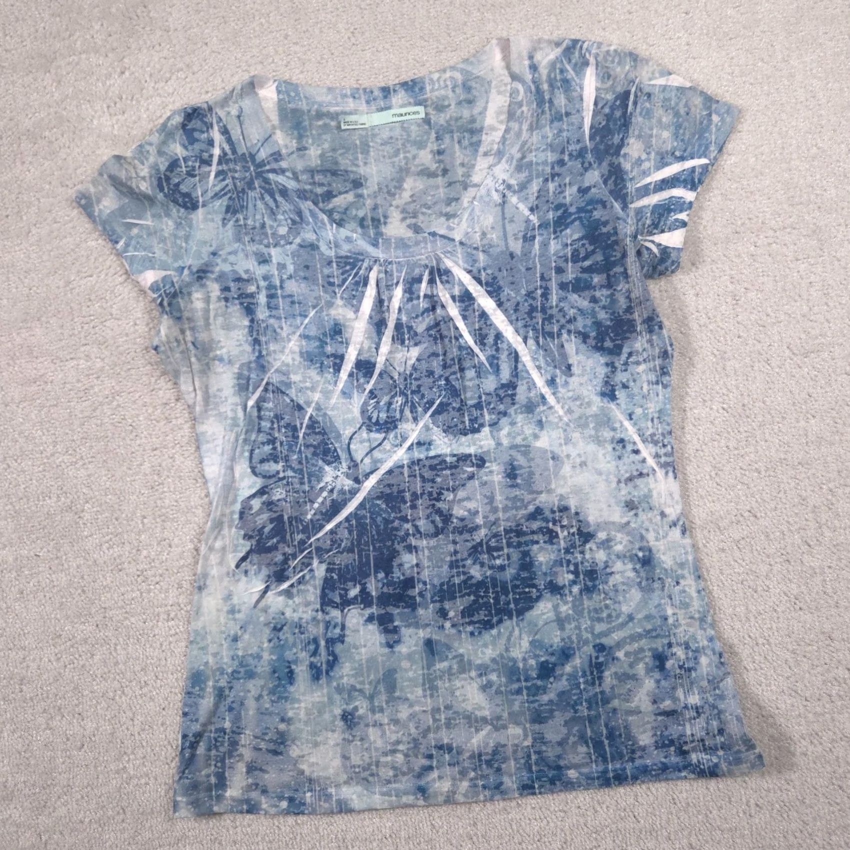 Vintage Maurices Shirt Womens L Blue Butterfly Floral Scoop Neck Short Sleeve Tee Top Size L / US 10 / IT 46 - 2 Thumbnail