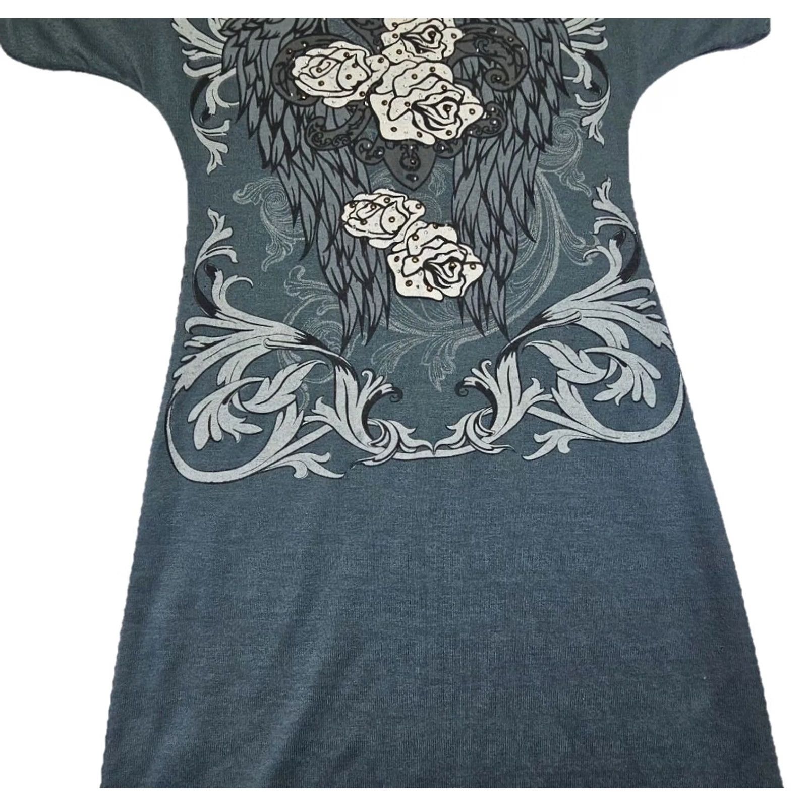 Vintage VINTAGE Y2K Blue Graphic T Shirt Dress Angel Wings Roses Grunge Gothic Women’s Medium Size M / US 6-8 / IT 42-44 - 5 Thumbnail