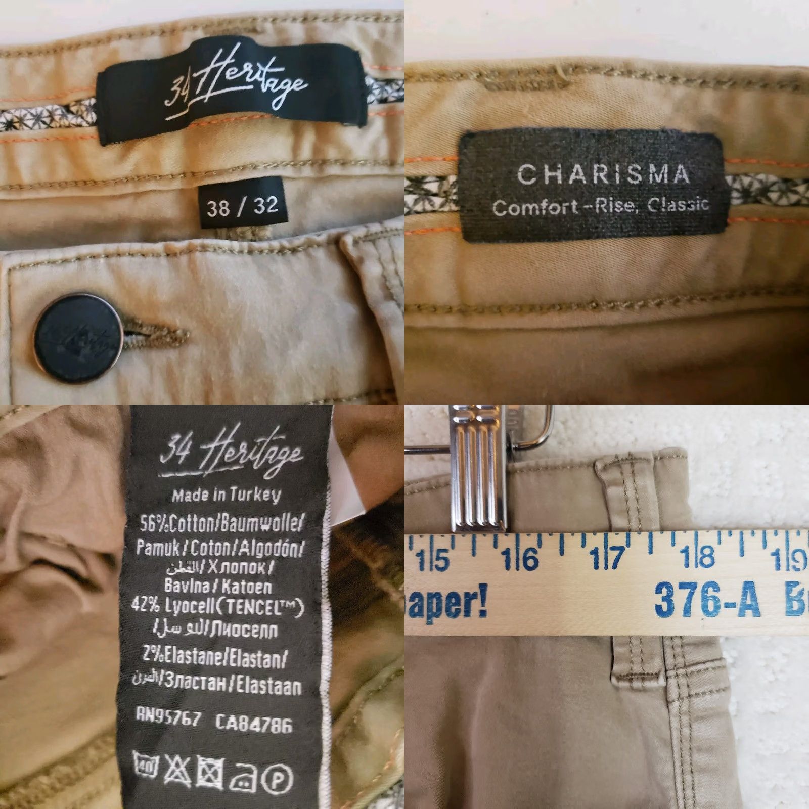 Vintage 34 Heritage Charisma Pants Mens 38x32 Beige Chino 5-Pocket Mid Rise Straight Front Jeans Style Logo Buttons Belt Loops Casual Comfort Vintage No N/A Size US 38 / EU 54 - 9 Thumbnail