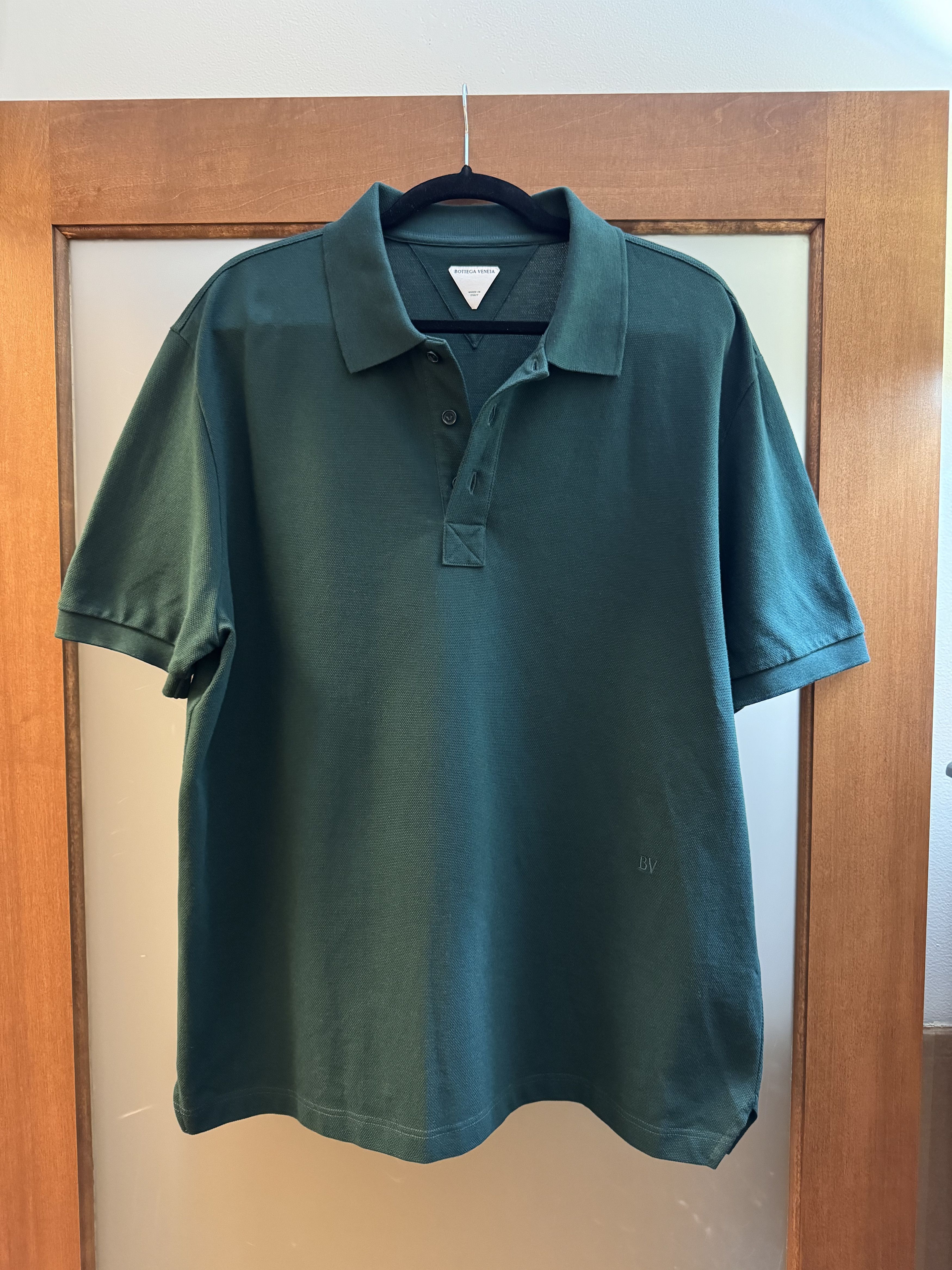 image of Bottega Veneta Tonal Logo Cotton Piqué Polo in Green, Men's (Size XL)