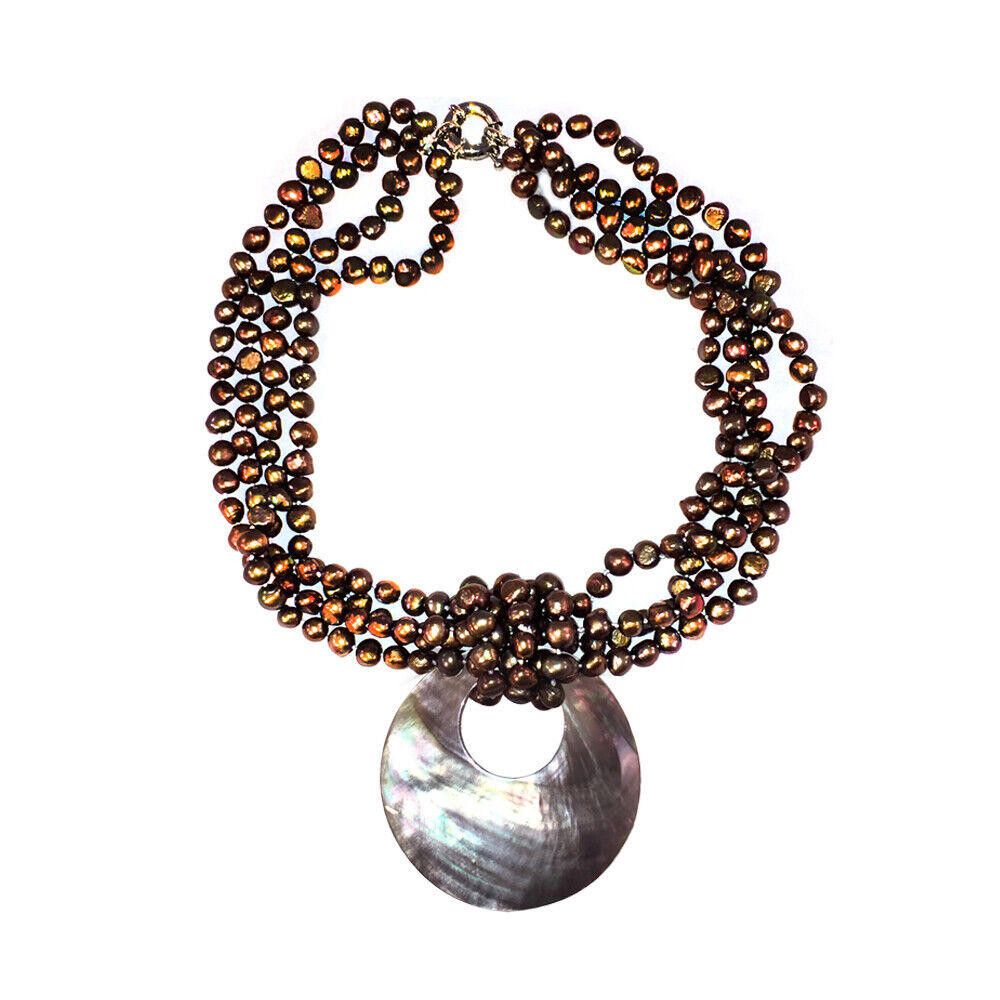Designer Gray Pearl Torsade Necklace with Abalone Shell Disc Pendant Size ONE SIZE - 4 Thumbnail