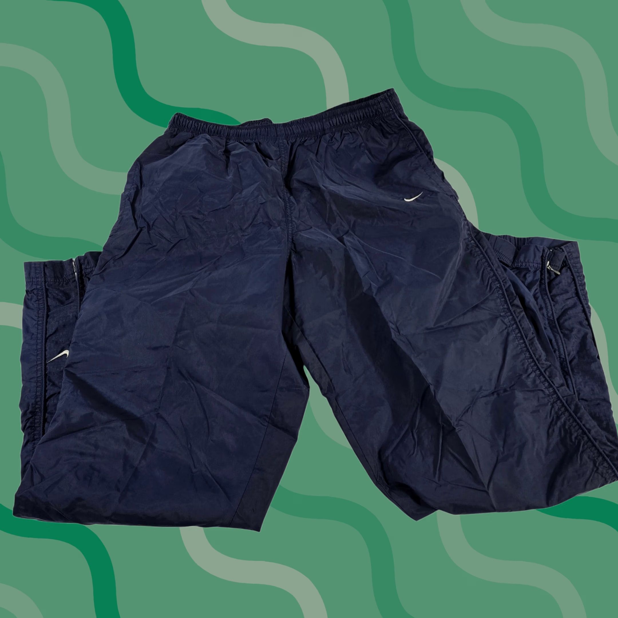 Nike VTG Nike Mens Navy Blue Nylon Track Pants Athletic Joggers L Elastic Waist Drawstring Pockets Zippered Legs Casual Activewear 90s Womens/Mens (Unisex) Size US 33 - 1 Thumbnail