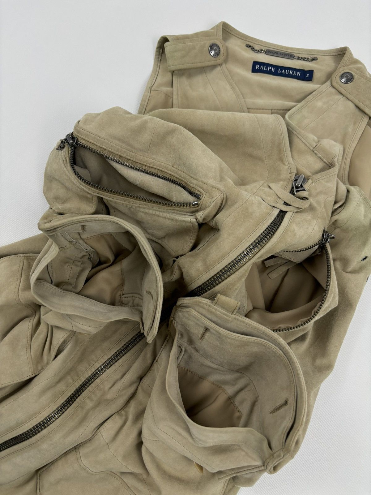 RRL Ralph Lauren × Ralph Lauren × Ralph Lauren Purple Label VTG 90's RALPH LAUREN Suede-Leather Multi-Pocket Zip Gilet Cargo Vest Jacket 2 Size XS / US 0-2 / IT 36-38 - 16 Thumbnail