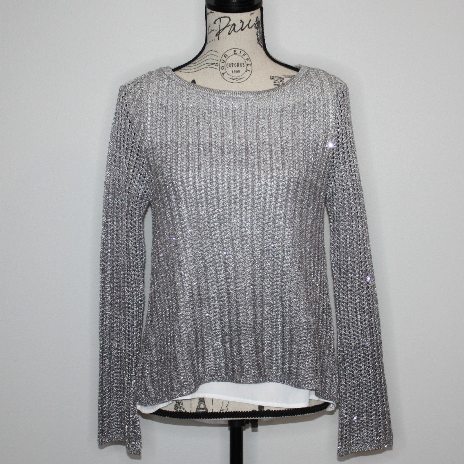 White House Black Market Women's Sequin Silver Ombre Twofer Sweater in size S Size S / US 4 / IT 40 - 9 Thumbnail