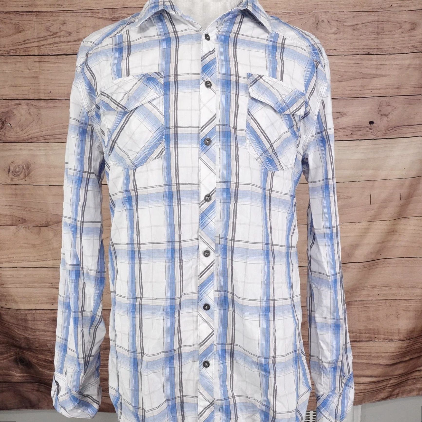 BKE BKE Shirt Mens XL Blue Plaid Long Sleeve Button-Up Athletic Fit Western Size US XL / EU 56 / 4 - 3 Thumbnail