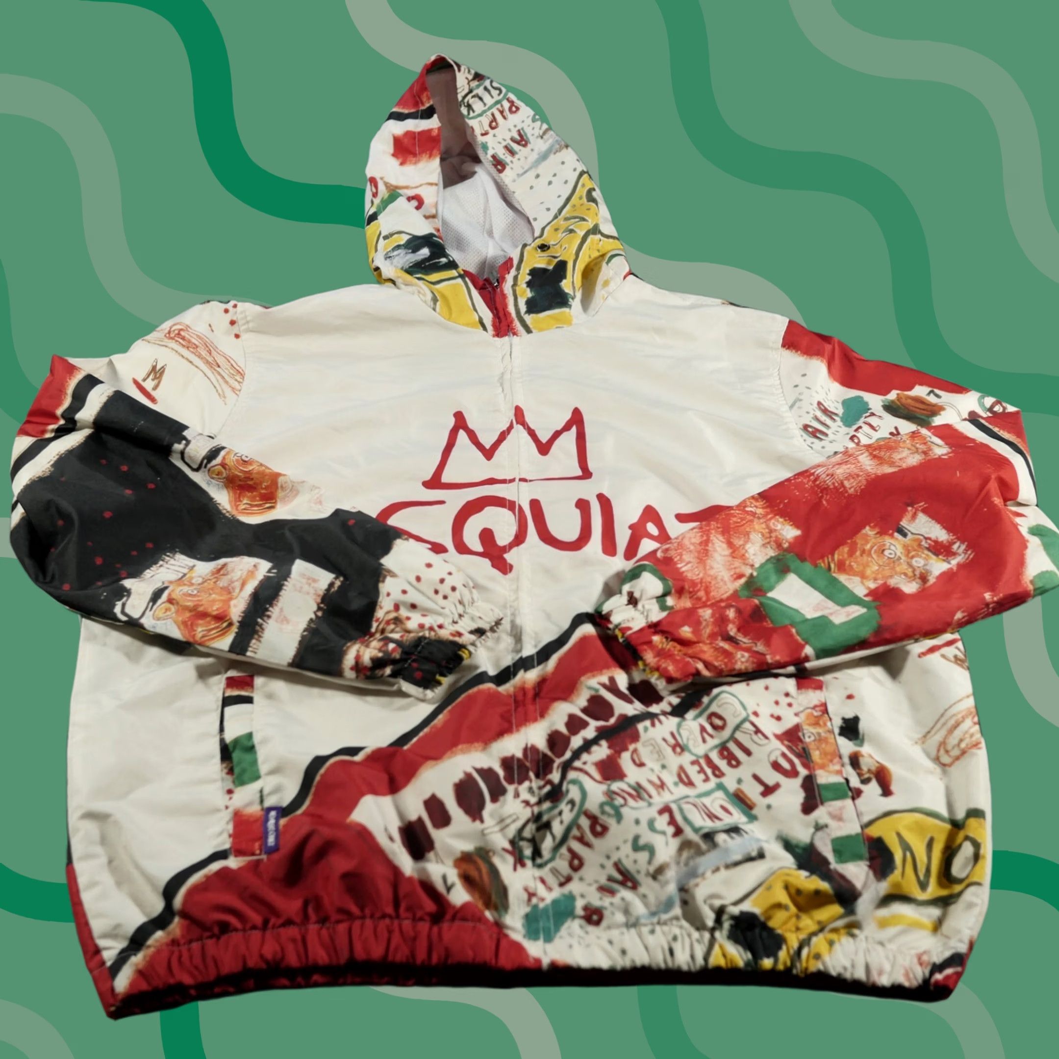 Members Only Members Only Jacket Mens L White Jean Michel Basquiat Hooded Windbreaker Art Size US 33 - 1 Thumbnail
