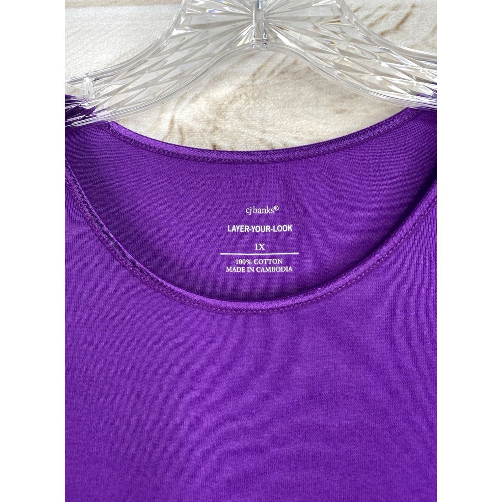 Vintage CJ Banks 1X Shirt Purple Short Sleeve Scoop Neck 100% Cotton Blouse Women's Plus Size Size XL / US 12-14 / IT 48-50 - 2 Thumbnail